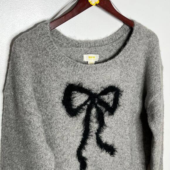 Anthropologie Maeve Bow Sweater Womens Medium Gray Novelty Metallic Sparkle - Picture 4 of 10